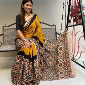 AJRAKH YELLOW MODAL SILK DIGITAL PRINTED SAREE